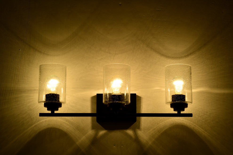 3-Light Matte Black Vanity With Seedy Glass
