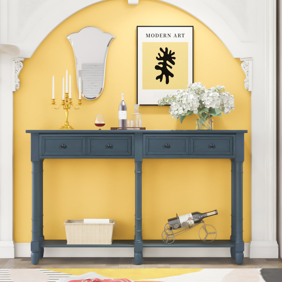 58" Two-Drawer Console Table Bottom Shelf for Living Room Antique Navy