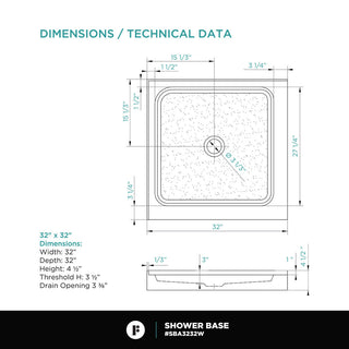 Fine Fixtures Double Threshold Acrylic Shower Base, 32 X 32, Universal