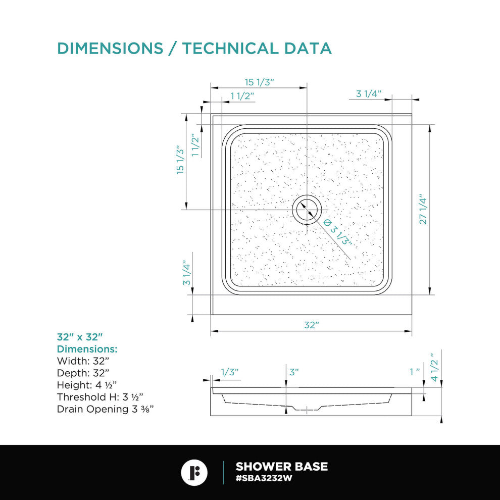 Fine Fixtures Double Threshold Acrylic Shower Base, 32 X 32, Universal