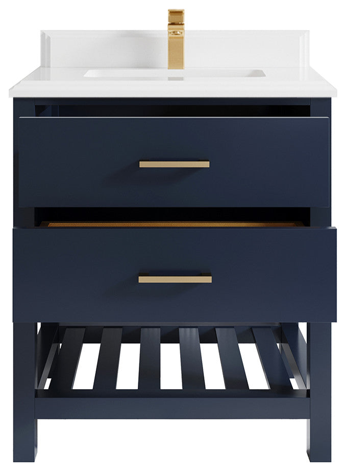 Parker 30 Single Sink Bath Vanity in Navy Blue  1.5" White Quartz