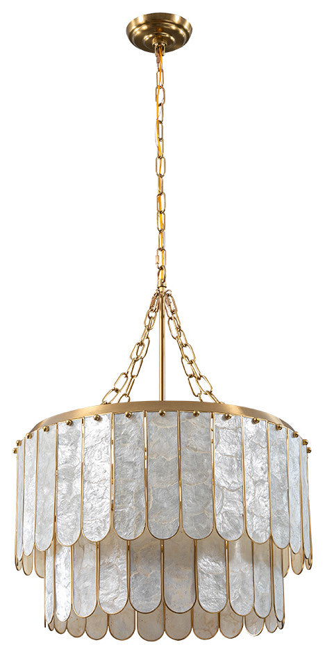 5-Light Capiz Shell 2 Tiered Faceted Chandelier Pendant Light Gold White