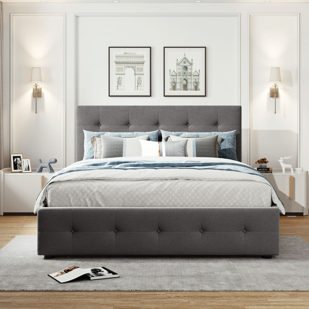 Queen Wood Frame Platform Bed with Drawers and Twin XL Trundle, Grey, Queen