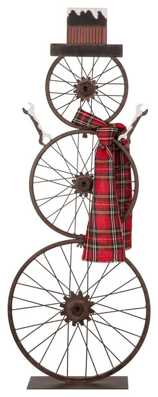 33.98" Metal Bike Wheel Snowman With Plaid Scarf Porch Decor