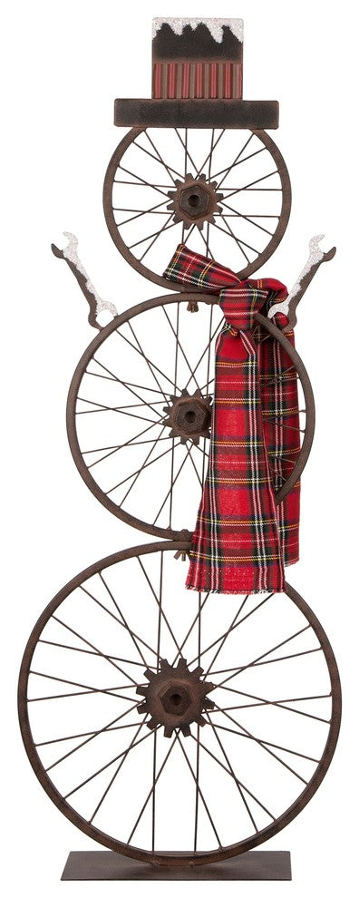 33.98" Metal Bike Wheel Snowman With Plaid Scarf Porch Decor