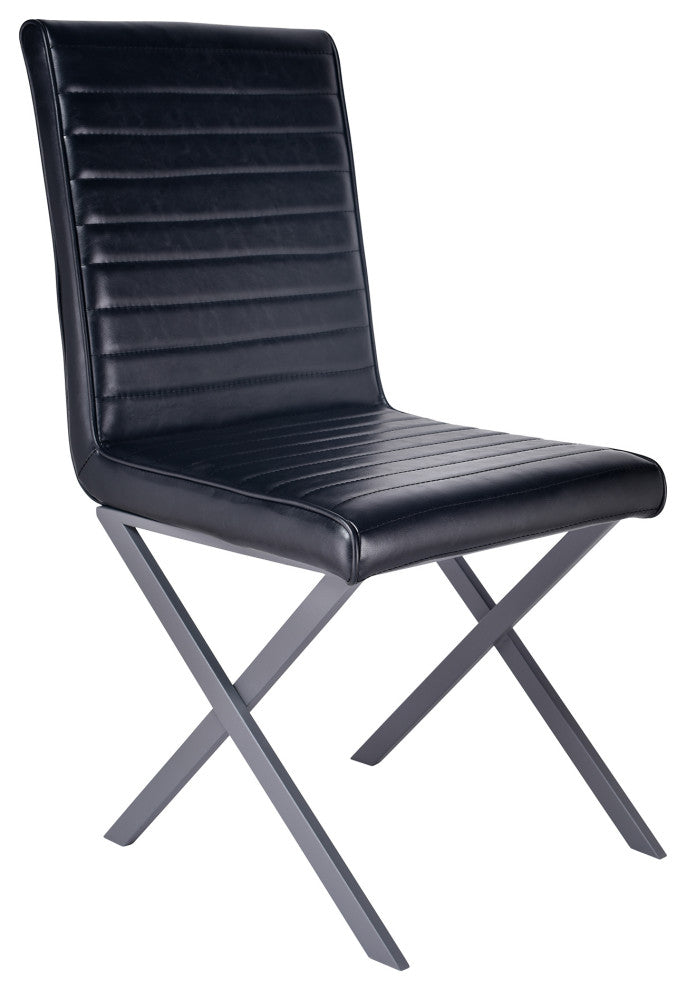 Dining Chair In Gray Powder Coated Finish And Black Faux Leather, Set of 2