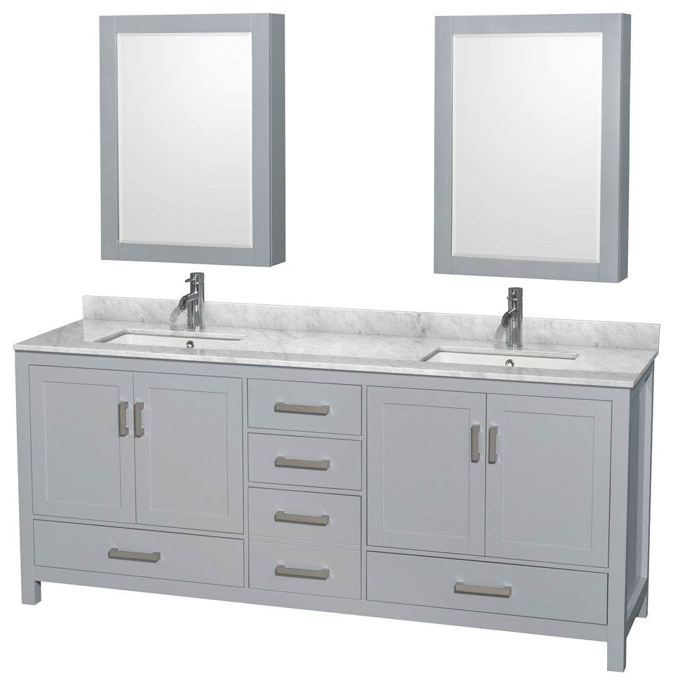 Wyndham WCS141480DGYCMUNSMED 80" Vanity in Gray + Carrera Marble and Square Sin