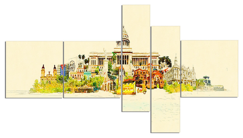Havana Panoramic View, Cityscape Watercolor Canvas Print, 60"x32", 5 panels