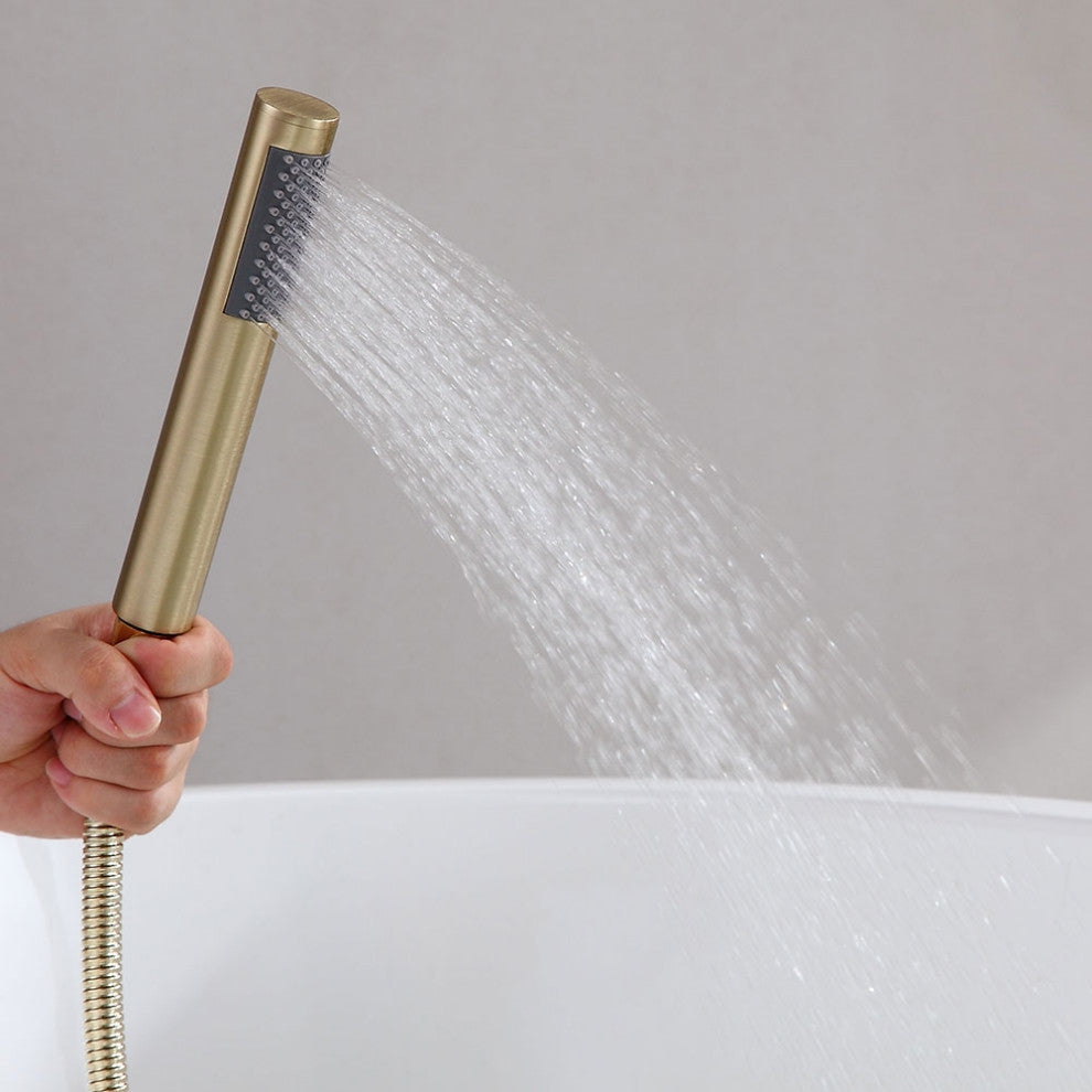 Freestanding Single Handle Tub Filler Faucet with Hand Shower, Brushed Gold