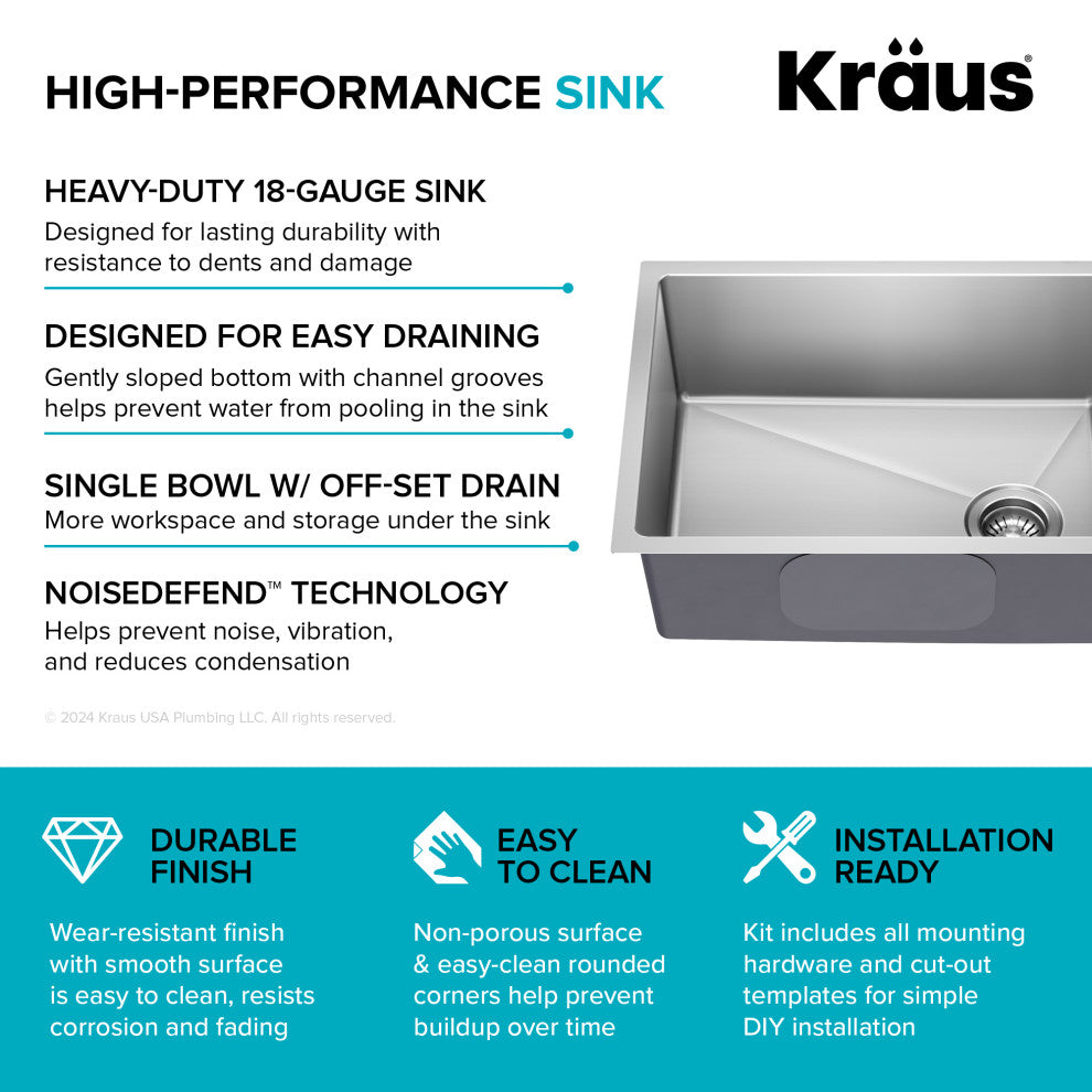 KRAUS Fairlane 25" Undermount 1-Bowl 18 Gauge Stainless Steel Kitchen Sink