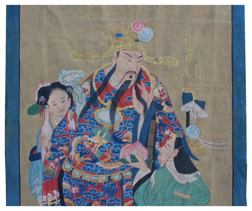 Chinese Large Vintage Canvas Color Ink God Of Fortune Painting Art cs4309