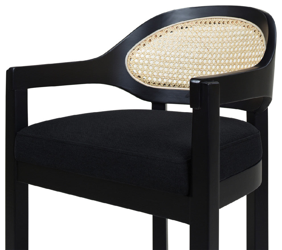 Americana Mid-Century Modern Rattan Cane Back Stool, Jet Black Woven, 26" Counter Height
