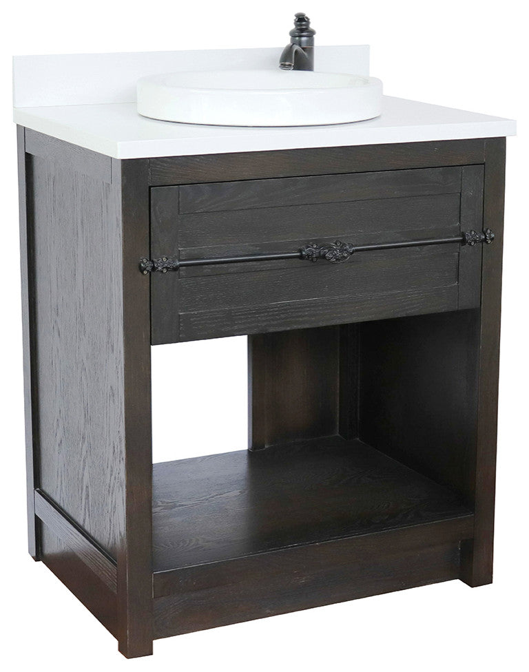 30" Single Vanity, Brown Ash, White Engineered Stone Top, Round Sink