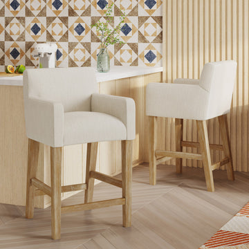 Chaparral Contemporary Fabric Upholstered Wood 26" Counter Stools, Set of 2, Beige/Weathered Natural