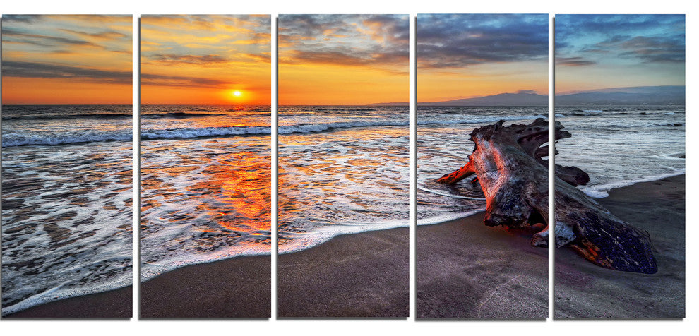 Fantastic Sandy Shore at Sunset, Seashore Canvas Print, 60"x28", 5 Panels