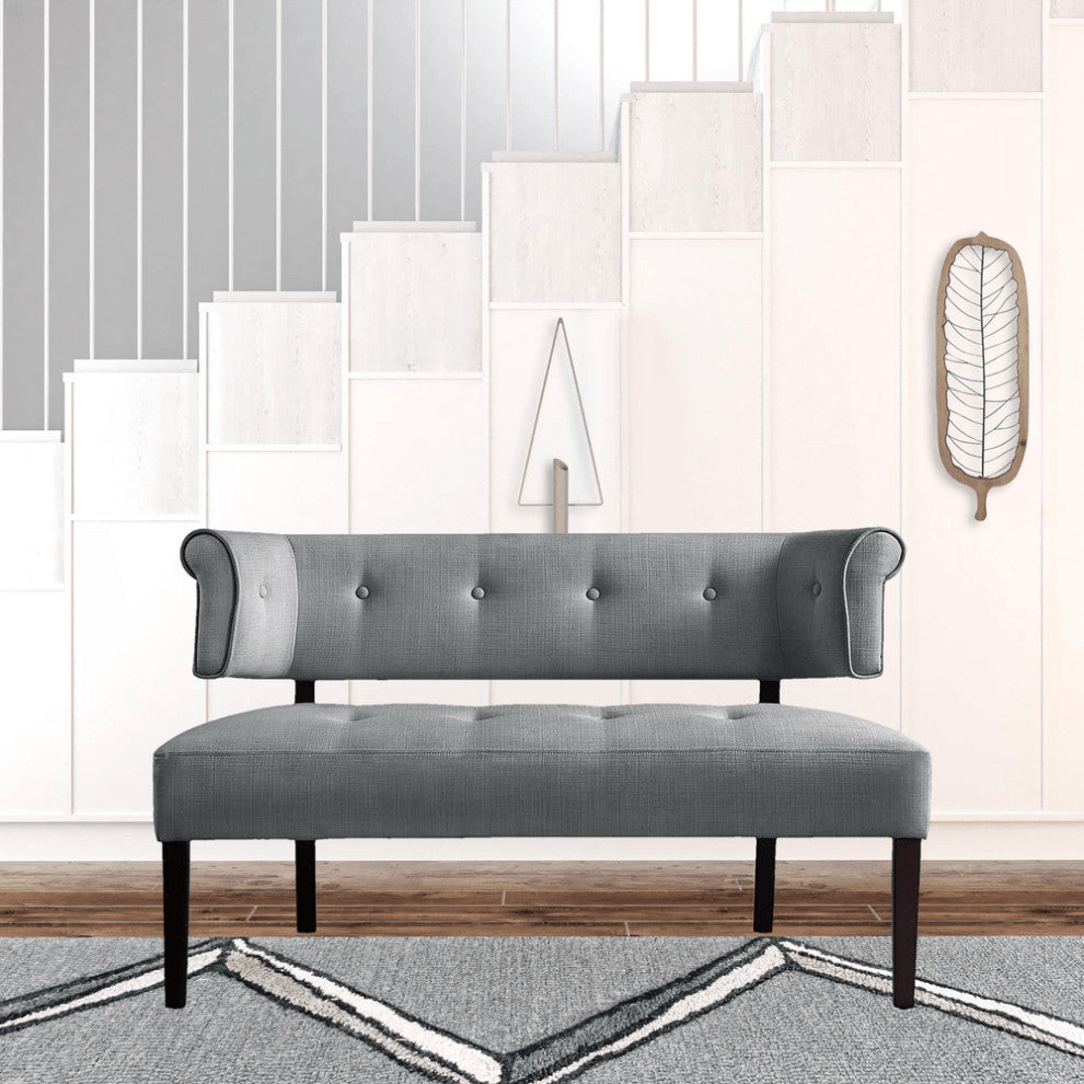 48" Light Gray And Brown Upholstered Linen Bench