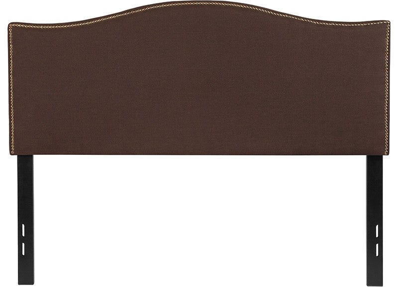 Upholstered Full Size Headboard With Decorative Nail Trim in Dark Brown Fabric