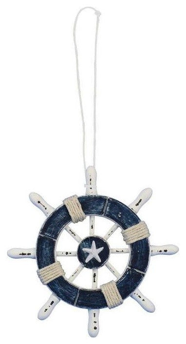 Rustic Dark Blue and White Decorative Ship Wheel With Starfish Christmas Tree