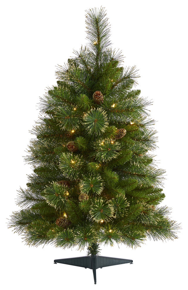 3' Golden Washington Pine Faux Xmas Tree W/Lights, Pinecones & Bendable Branches