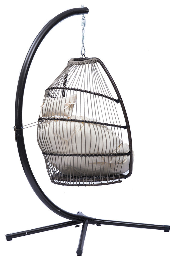 Outdoor Patio Wicker Folding Swing Chair Hanging With Bracket and Cushion Pillow