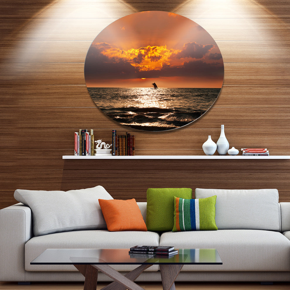 Sunset Beach With Distant Sail Boat, Seashore Round Metal Wall Art, 11"