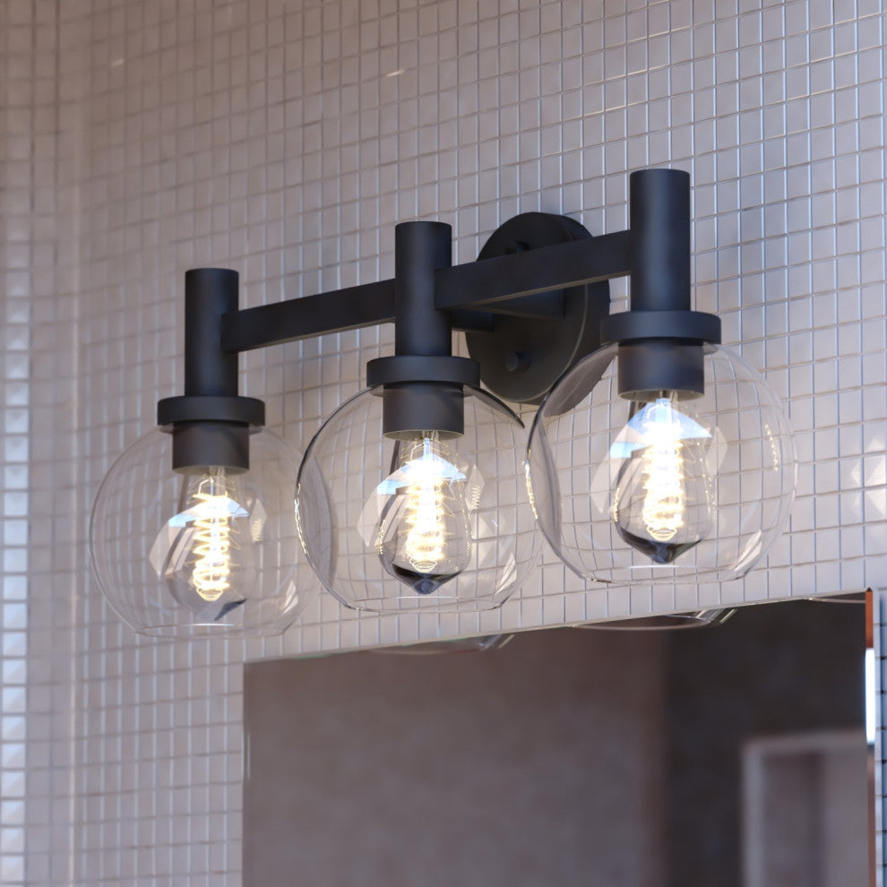 Marshall 3 Light Black Transitional Bathroom Vanity Wall Fixture Clear Glass
