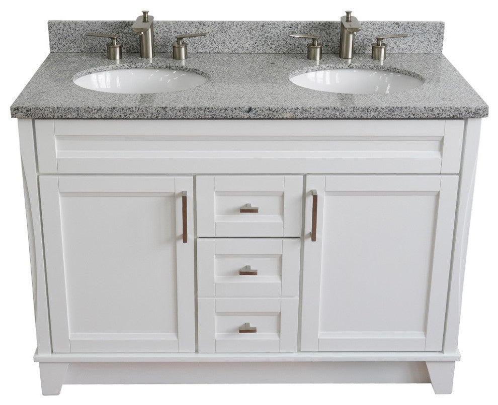 48" Double Sink Vanity, White Finish With Gray Granite And Oval Sink