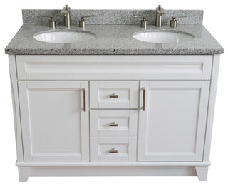 48" Double Sink Vanity, White Finish With Gray Granite And Oval Sink