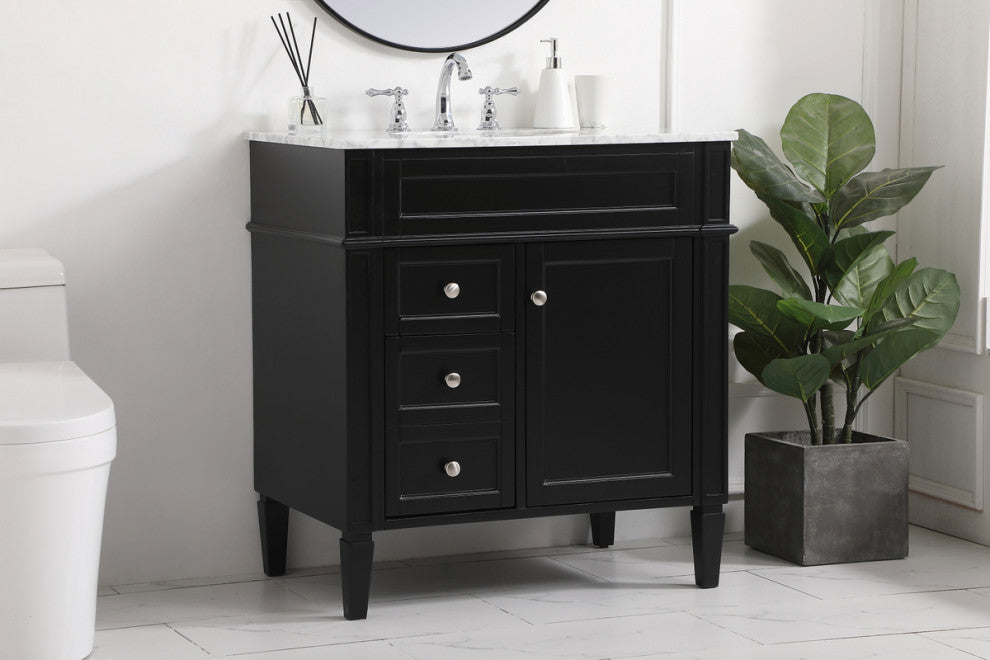 Home Living Vanity with Carrara White Marble Countertop, Black, 32", Single Sink
