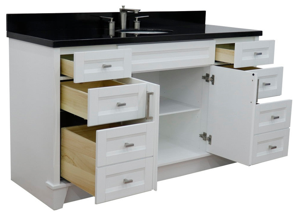 61" Single Sink Vanity, White Finish And Black Galaxy Granite And Oval Sink