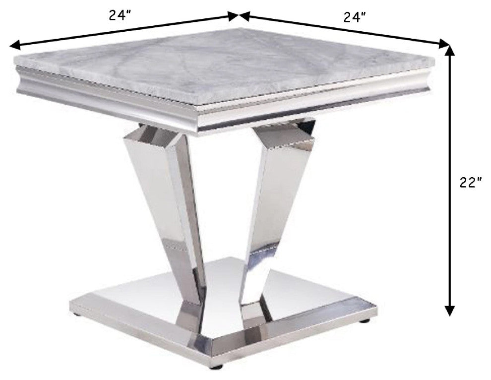 Benzara BM269588 End Table With Faux Marble Top and Metal Base, White and Silver