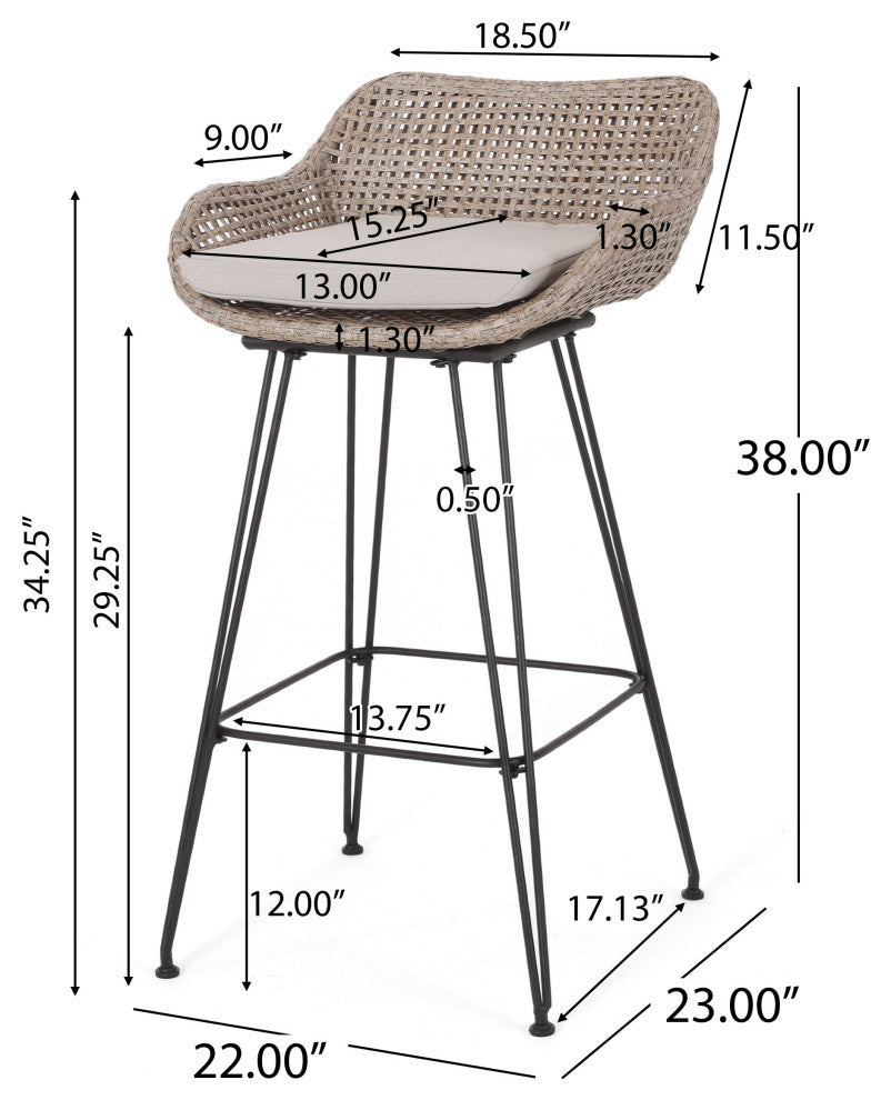 Pondway Outdoor Wicker/Iron Barstools, Set of 2, Beige/Mix Light Brown/Black