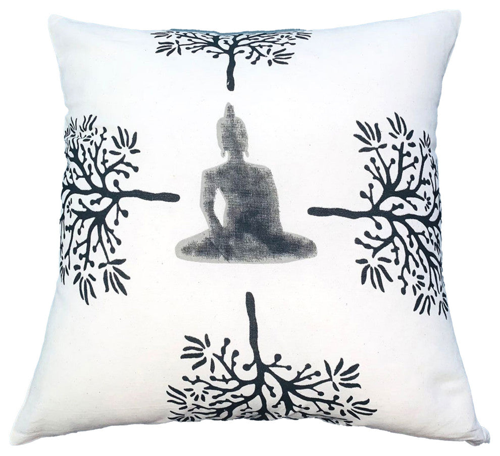 Benzara UPT-268962 Square Accent Throw Pillow, Meditating Buddha, Gray/White