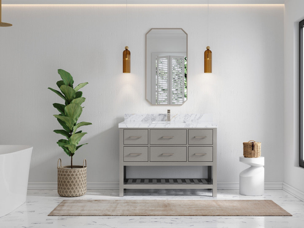 Parker 48" Single Sink Bath Vanity, Elephant Skin Gray 2" Calacatta Poanazzo