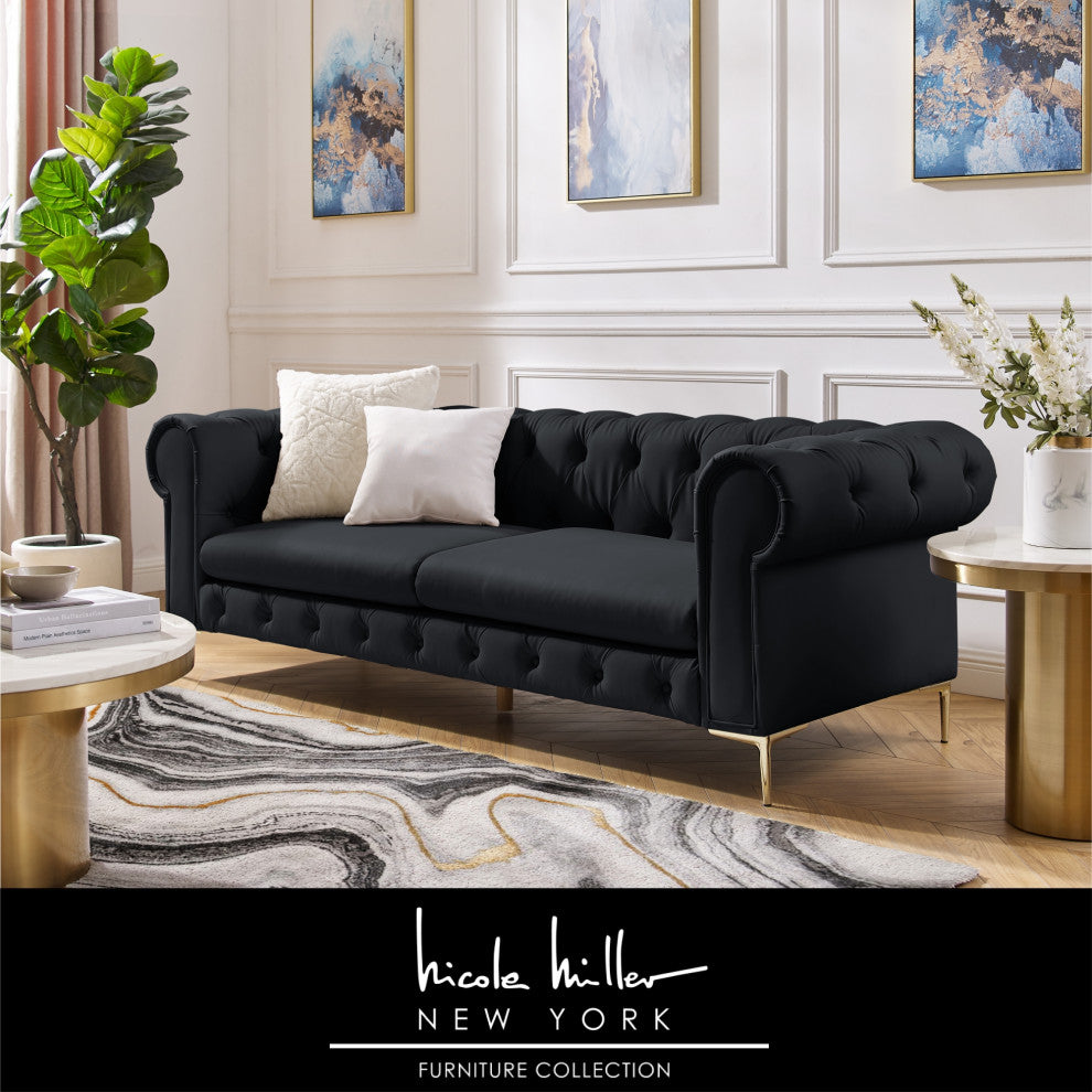 Nicole Miller Geraldine Sofa Button Tufted, 3 Seat, Black Leather PU