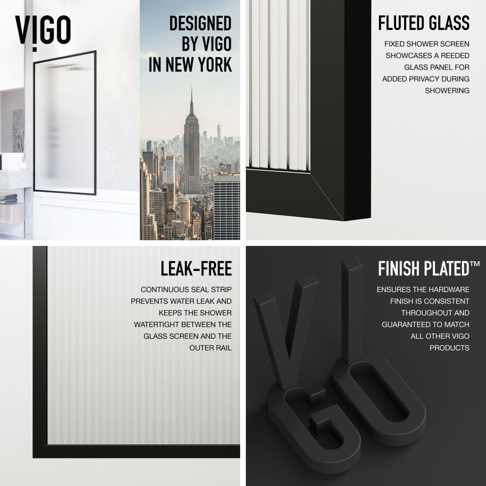 VIGO Meridian Framed Fixed, Matte Black, Tub Screen, 34" W X 62" H, Fluted Glass