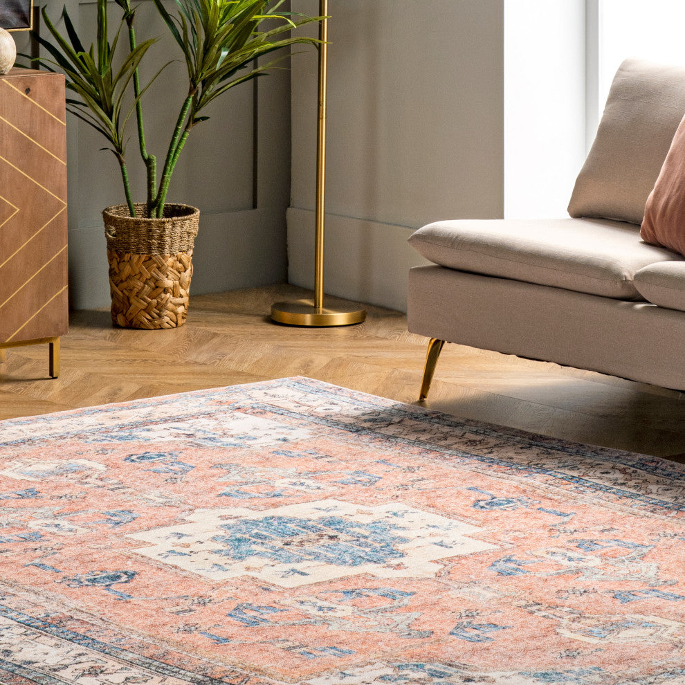 Nuloom Eleanor Washable Distressed Medallion Rug, Light Rust 3' x 5'