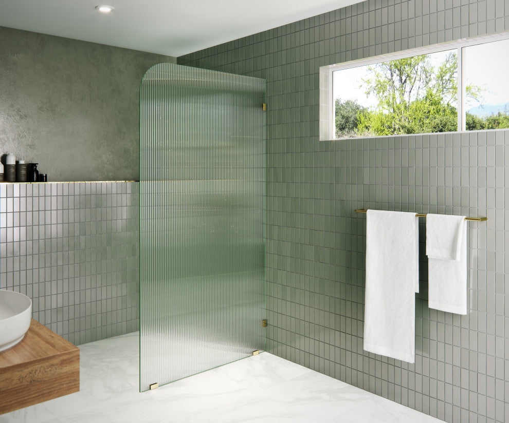 40"x78" Frameless Shower Door, Single Fixed Panel Fluted Radius, Polished Brass, 40" Right