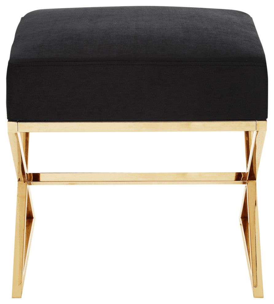 Oria Velvet X-Leg Chrome or Gold Base Ottoman, Black/Gold