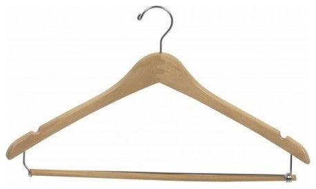 Wooden Curved Suit Hanger With Locking Bar, Natural/Chrome Finish, Box of 25