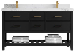 Parker 60" Double Sink Bath Vanity, Black 2" Calacatta Nuvo