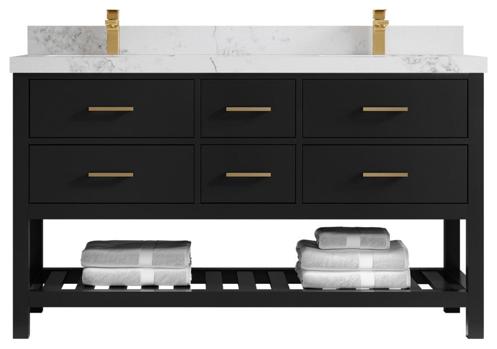 Parker 60" Double Sink Bath Vanity, Black 2" Calacatta Nuvo