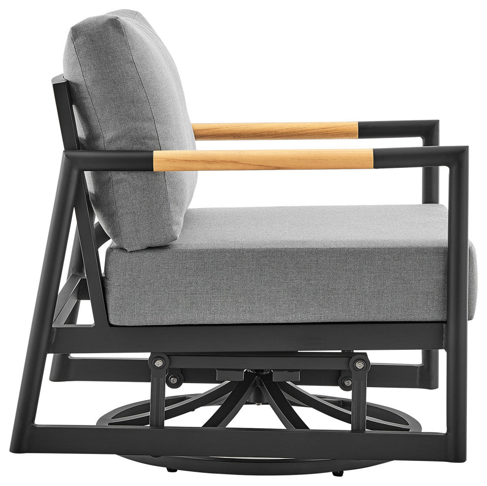 Royal Outdoor Swivel Glider Chair, Black Aluminum And Teak With Cushions