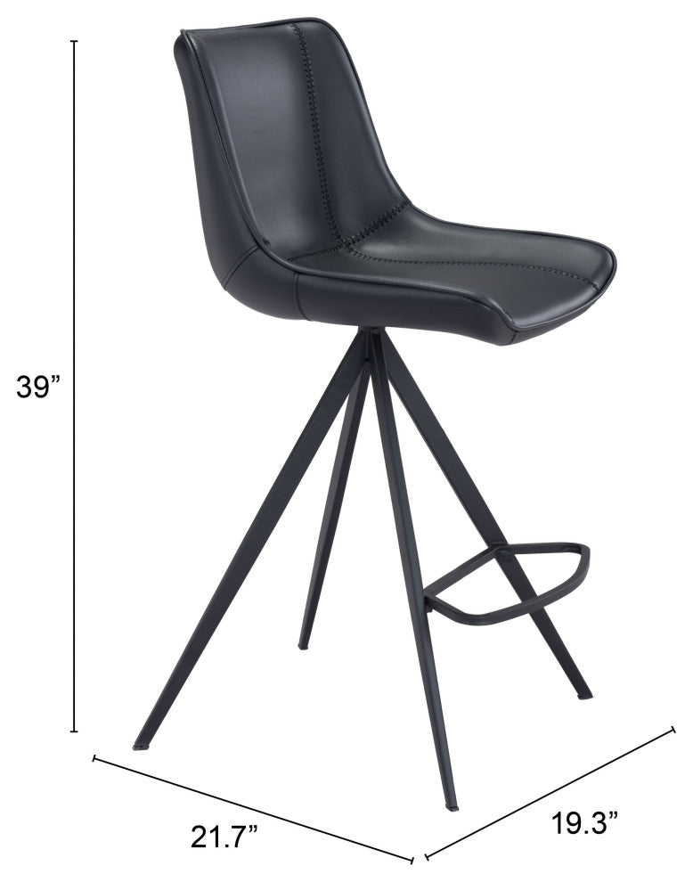 Counter Stool Chair, Set of 2, Faux Vinyl Leather, Steel, Black, Cafe Bistro