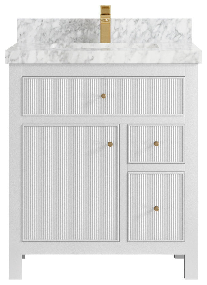 Sonoma 30 Single Sink Reeded Bath Vanity in White 2" Carrara Marble