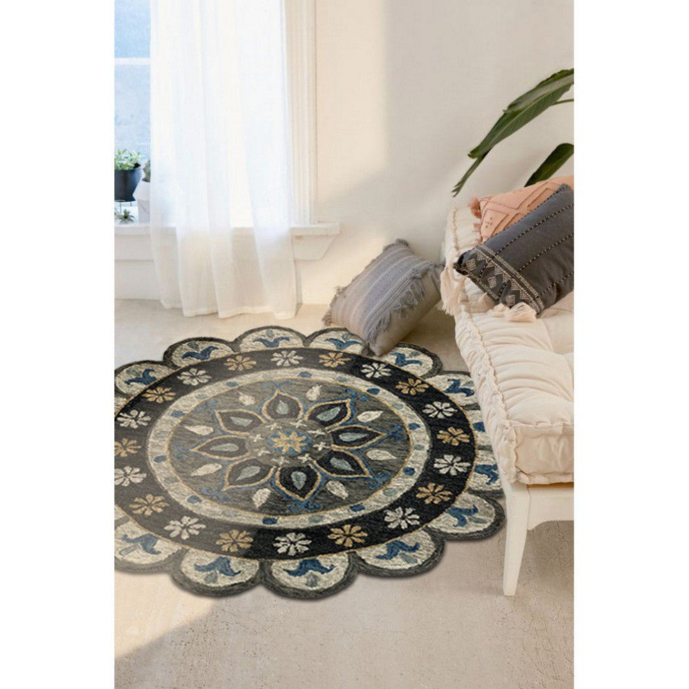 5" Round Gray Border Floral Medallion Area Rug