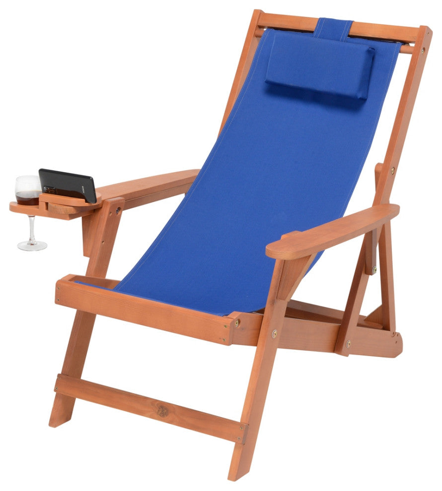 Romantic Collection Canvas Sling Chair with Cup and Wine Holder, Walnut Frame Bl