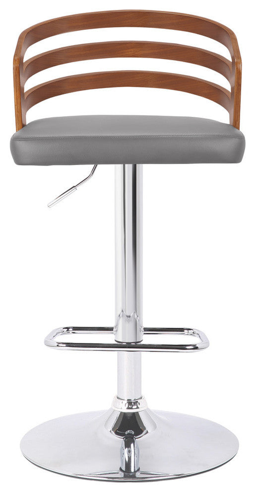 Adele Adjustable Swivel Bar Stool, Chrome/Gray Faux Leather/Walnut Veneer