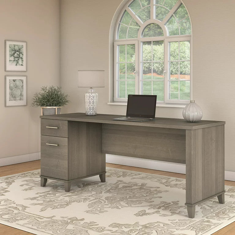 Transitional Desk, Large Design With Wire Management & 2 Drawers, Ash Gray