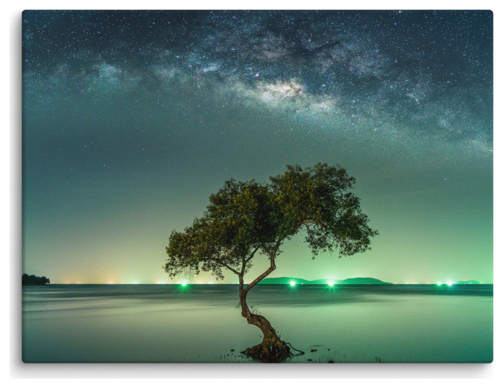 Glowing Milky Way Galaxy with Tree Canvas Wall Art Prints, 12" X 16"